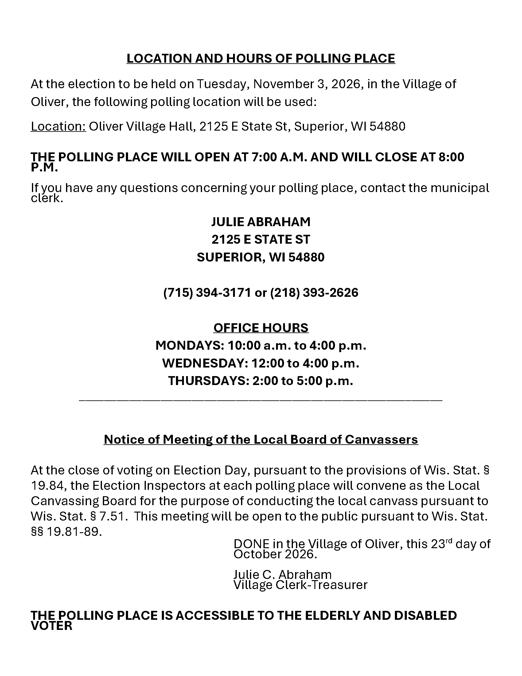 Notice of Meeting of the Local Board of Canvassers